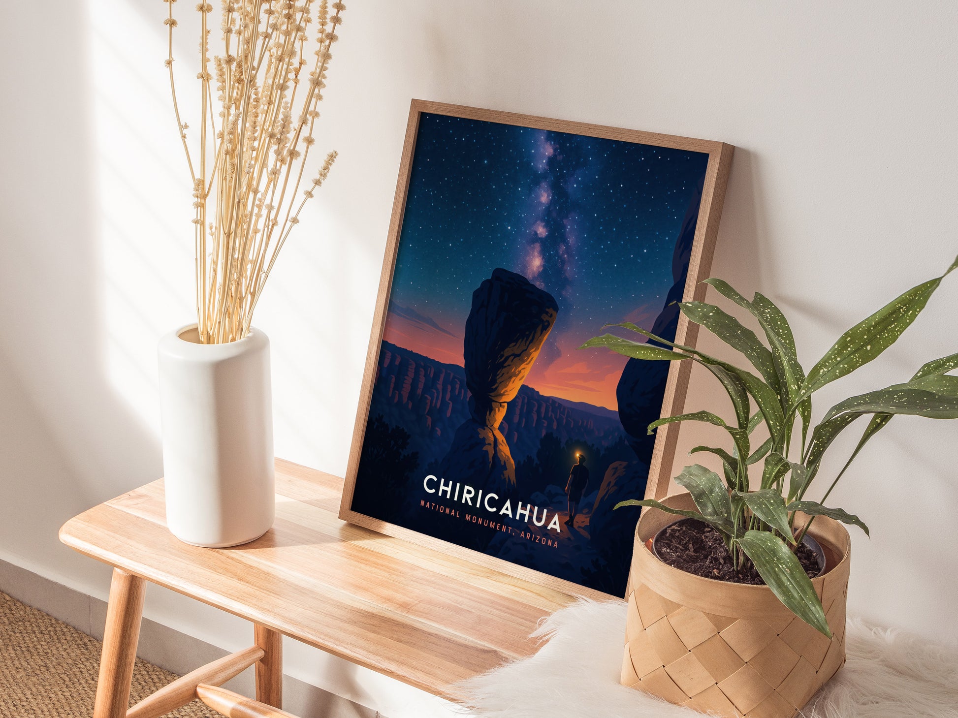 Framed Chiricahua National Monument art print featuring Chimney Rock under a starry night sky, showcasing travel art with vibrant colors.
