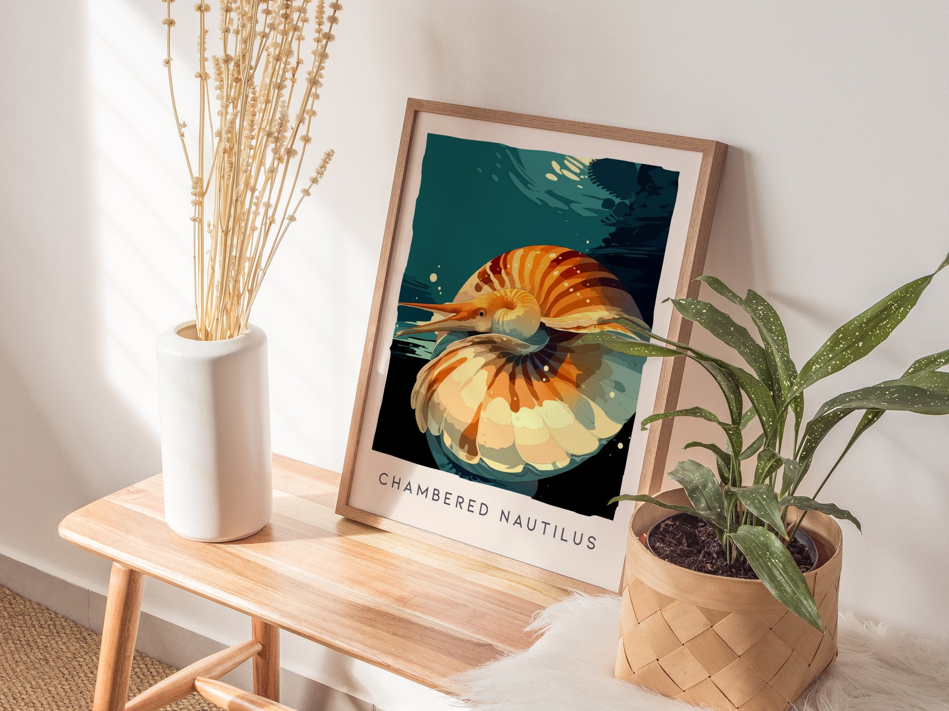 Chambered Nautilus Poster | Golden Spiral Shell Wildlife Wall Art — styled in a modern interior
