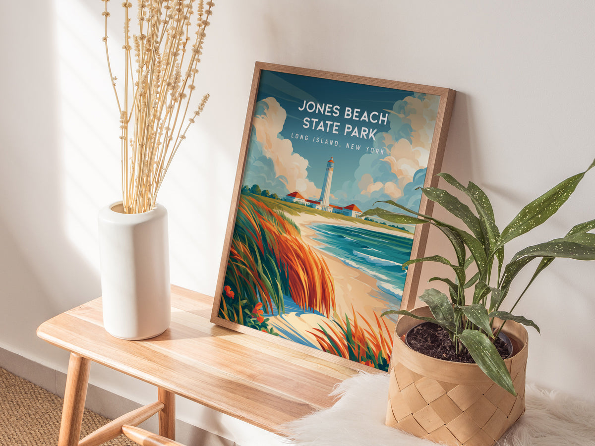 Jones Beach State Park, Long Island, New York Poster | Sun-Drenched Shoreline Destination Print Wall Art — styled in a modern
