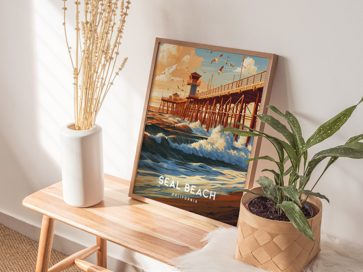Seal Beach, California Poster | Sun-Kissed Pier & Coastal Charm Wall Art — styled in a modern interior