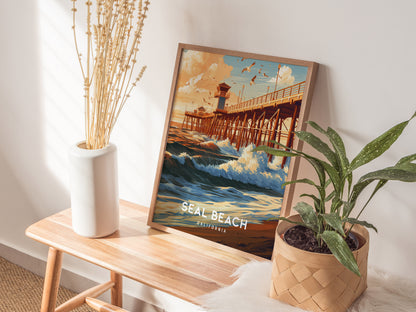 Seal Beach, California Poster | Sun-Kissed Pier & Coastal Charm Wall Art — styled in a modern interior