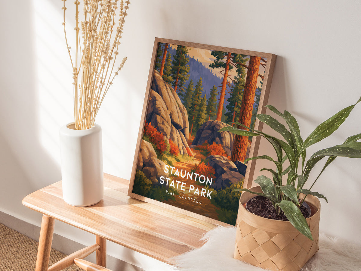 Staunton State Park, Pine, Colorado Poster | Rocky Mountain Trail Adventure Wall Art — styled in a modern interior