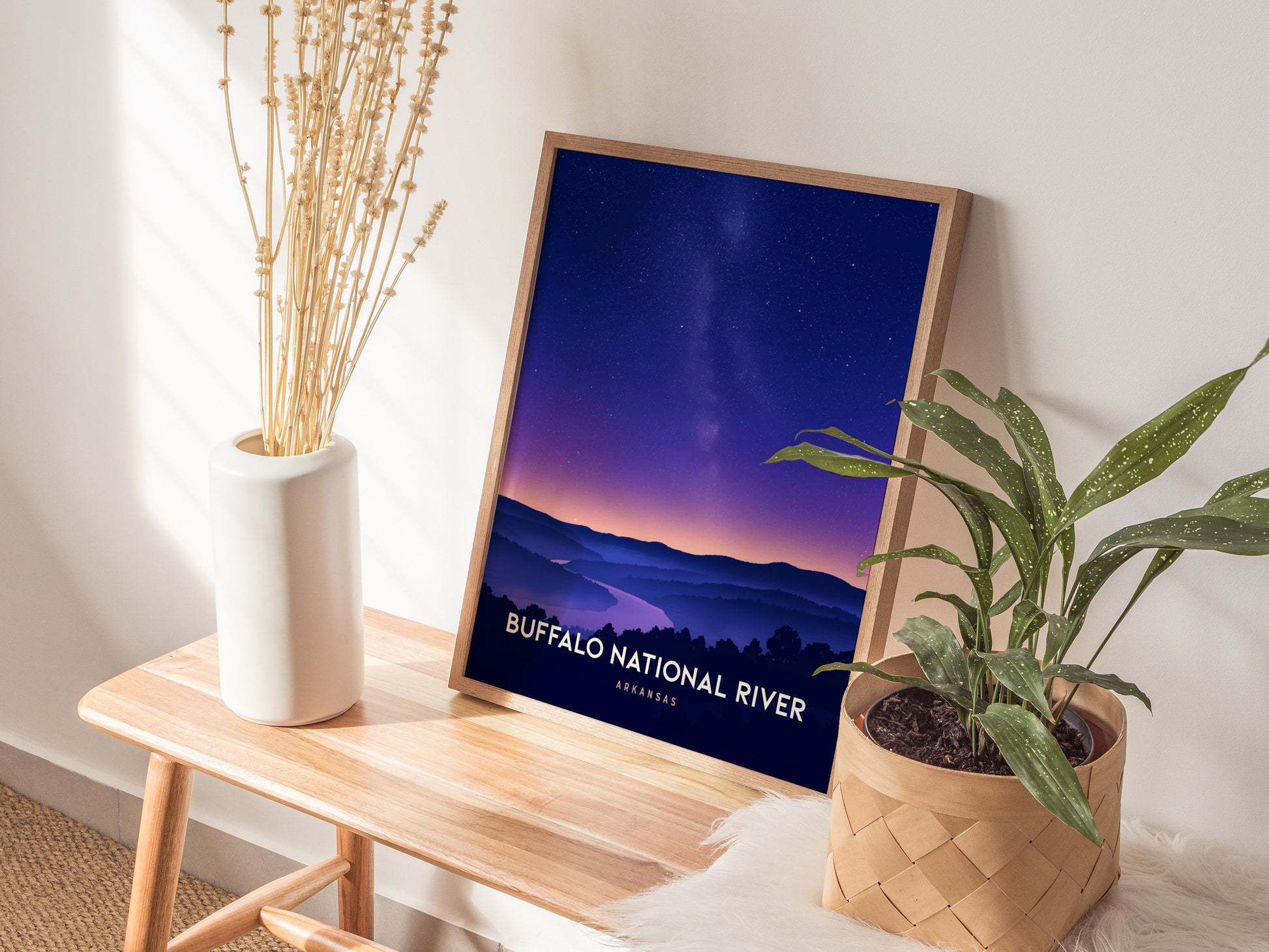 Buffalo National River nighttime poster with rolling hills, vibrant blue and purple gradients, serene stars, and minimalist design.
