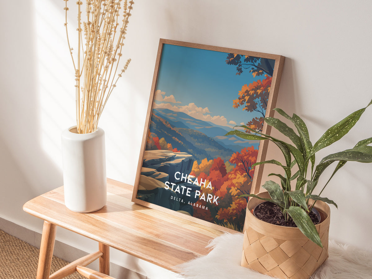 Cheaha State Park, Delta, Alabama Poster | Mountain Overlook Wilderness Wall Art — styled in a modern interior