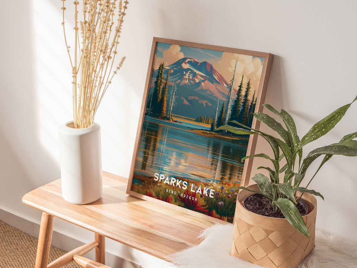 Sparks Lake, Bend, Oregon Poster | Mountain Reflections Vacation Wall Art — styled in a modern interior