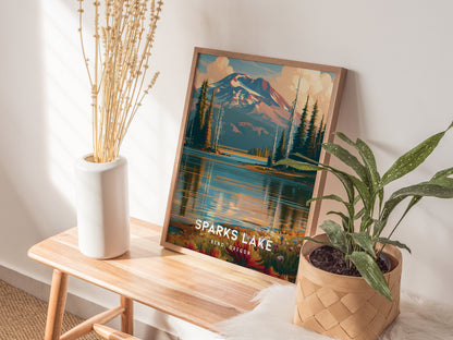 Sparks Lake, Bend, Oregon Poster | Mountain Reflections Vacation Wall Art — styled in a modern interior