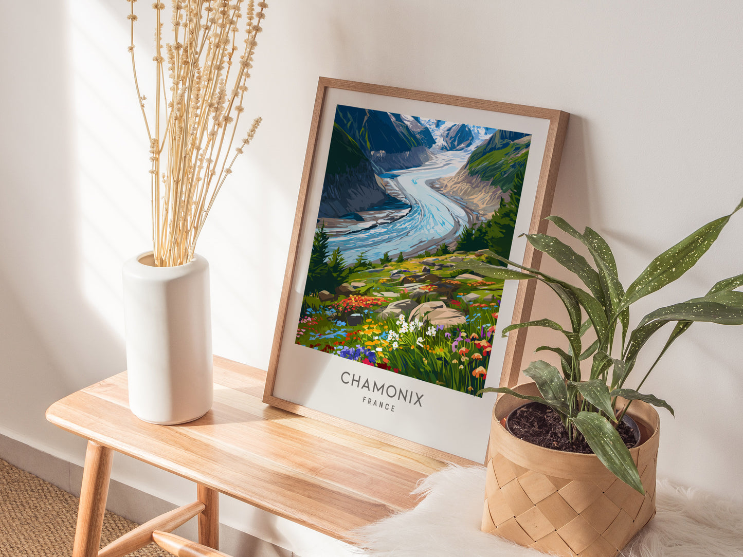 Chamonix Matte Border Poster | France Alpine Travel Wall Art — styled in a modern interior
