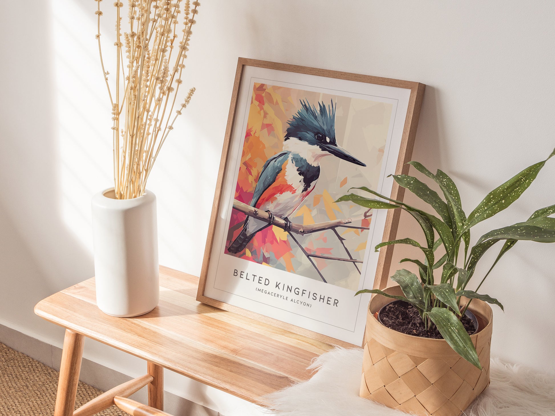 Framed Belted Kingfisher art print in vibrant blue and orange, featuring geometric shapes for modern wildlife decor.