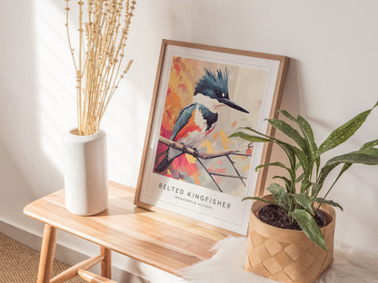 Framed Belted Kingfisher art print in vibrant blue and orange, featuring geometric shapes for modern wildlife decor.