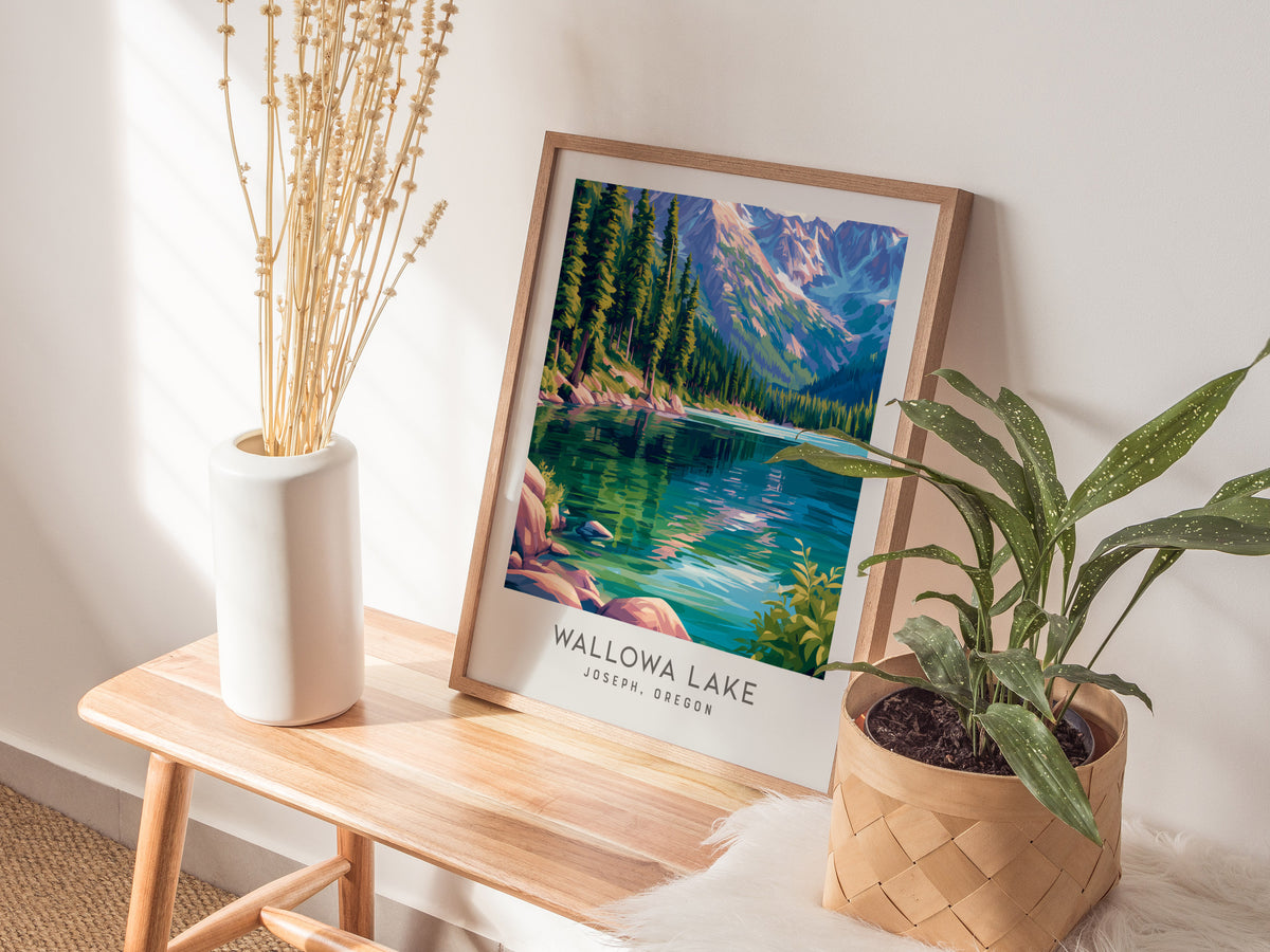 Wallowa Lake Matte Border Poster | Joseph, Oregon Travel Wall Art — styled in a modern interior
