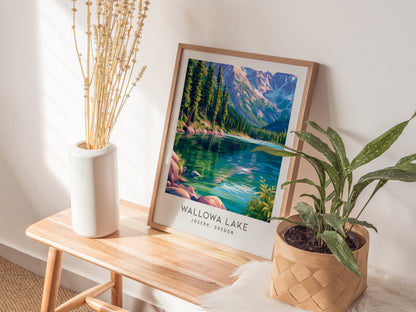 Wallowa Lake Matte Border Poster | Joseph, Oregon Travel Wall Art — styled in a modern interior