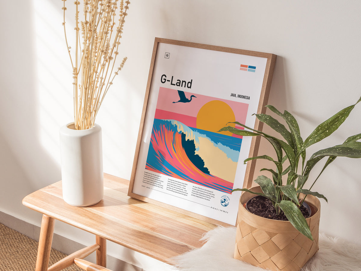 G-Land, Java, Indonesia Poster | Tropical Surf Wave Print Wall Art — styled in a modern interior