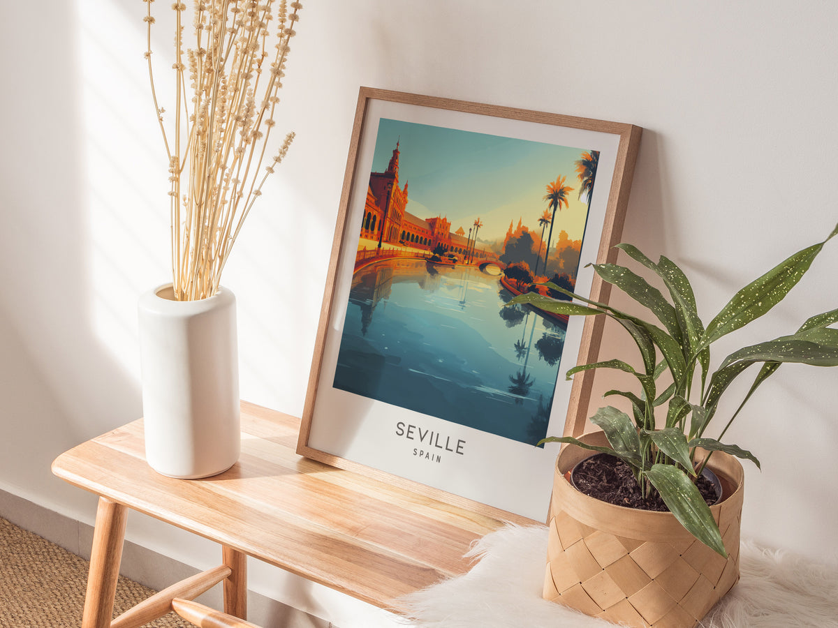 Seville Matte Border Poster | Spain Destination Print Travel Wall Art — styled in a modern interior