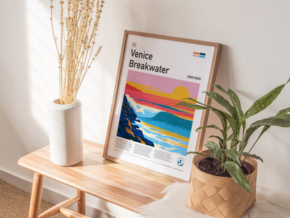 Venice Breakwater, California Poster | Surf & Stone Jetty Coastal Wall Art — styled in a modern interior