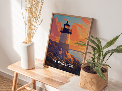 A framed poster of a lighthouse at sunset rests on a wooden bench, accompanied by a white vase with dried plants and a potted green plant.