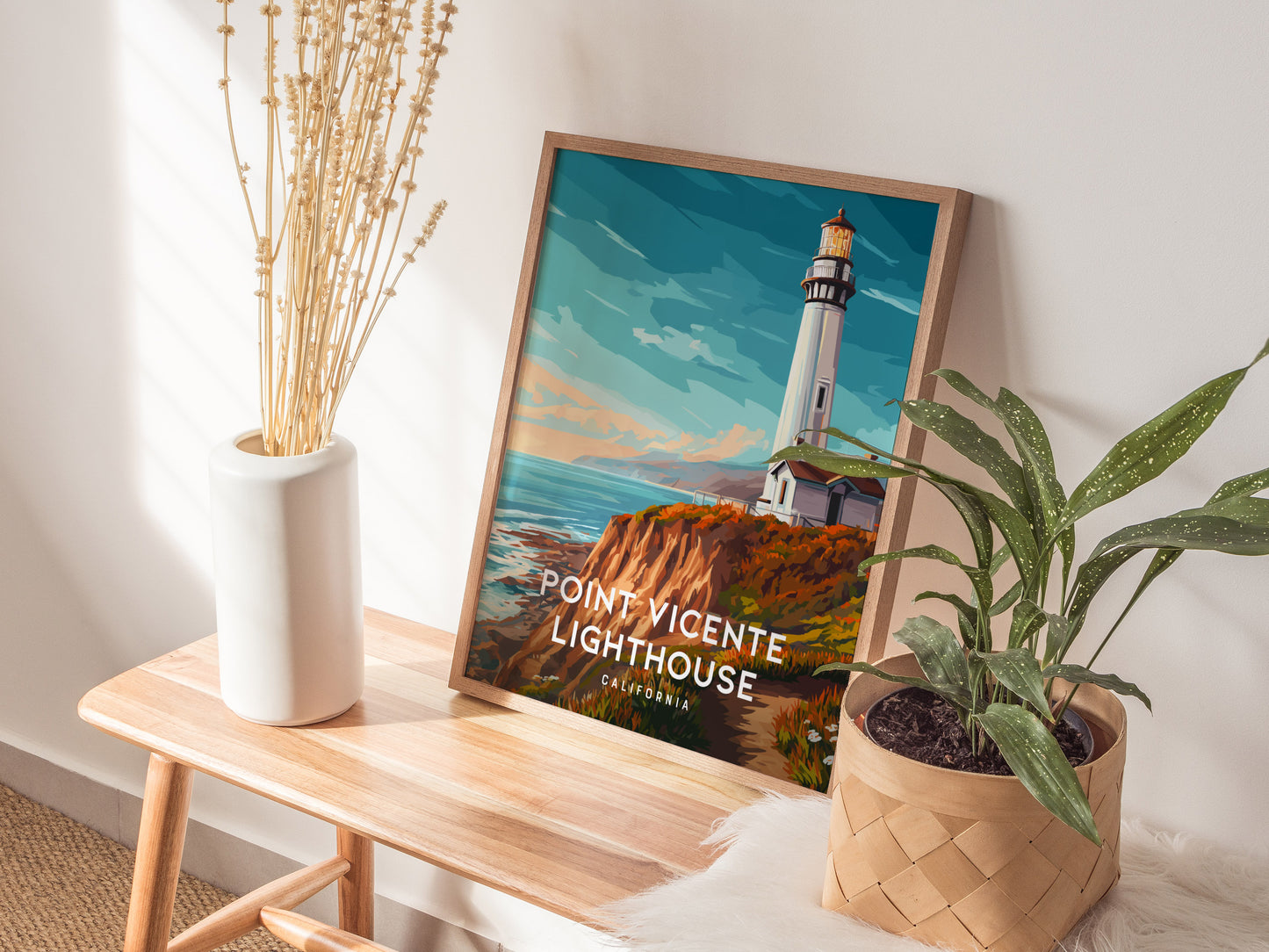 Point Vicente Lighthouse, California Poster | Pacific Cliffs & Beacon Wall Art — styled in a modern interior