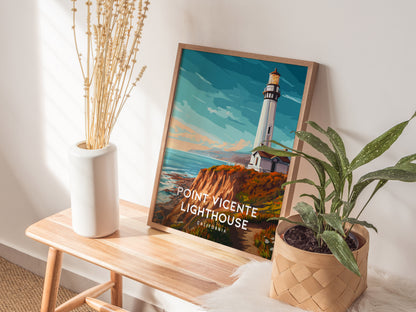 Point Vicente Lighthouse, California Poster | Pacific Cliffs & Beacon Wall Art — styled in a modern interior