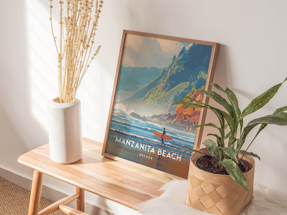 A framed poster of Manzanita Beach, Oregon, featuring a vibrant illustration of waves crashing against the shore with a surfer in the foreground. The scene is set against lush green hills and a clear blue sky, enhancing the coastal beauty.