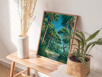 Palmetto, Florida Poster | River Town & Palms Coastal Wall Art — styled in a modern interior