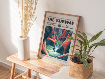 The Subway, Zion National Park Poster | Hiker Gift | Backcountry Canyon Trail Wall Art — styled in a modern interior