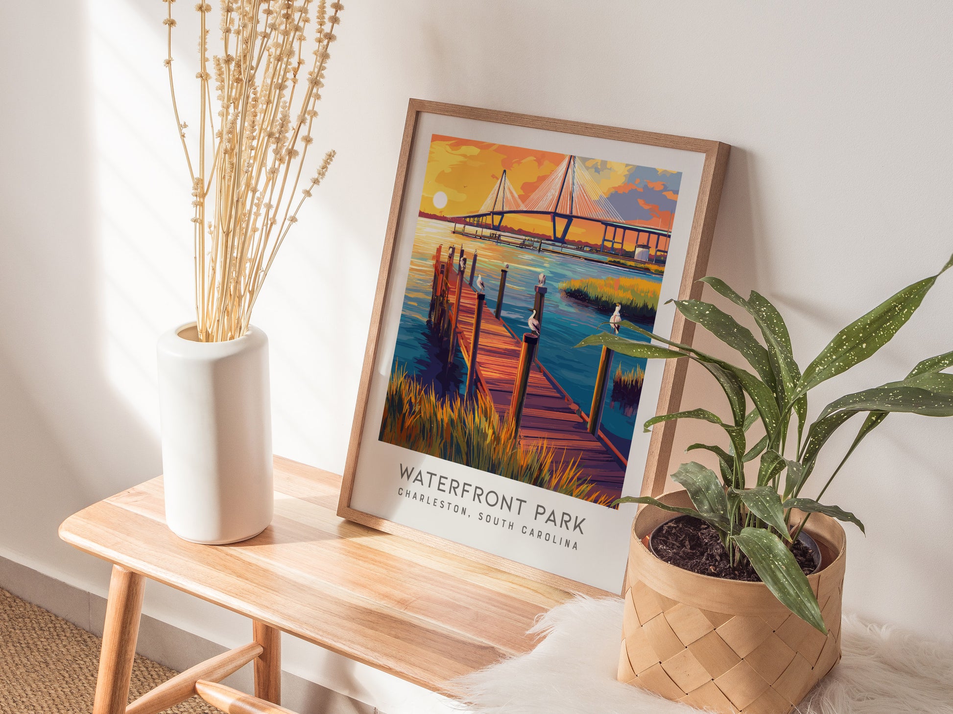 Waterfront Park Matte Border Poster | Charleston South Carolina Travel Wall Art — styled in a modern interior