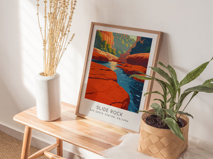 Slide Rock Matte Border Poster | Oak Creek Canyon, Arizona Travel Wall Art — styled in a modern interior
