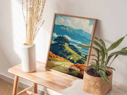 A beautifully framed poster of Figueroa Mountain showcases a vibrant landscape of rolling hills and lush greenery, with a backdrop of distant mountains under a clear blue sky.