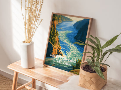 Deception Pass State Park, Whidbey Island, Washington Poster | Dramatic Bridge & Emerald Waters Wall Art — styled in a modern