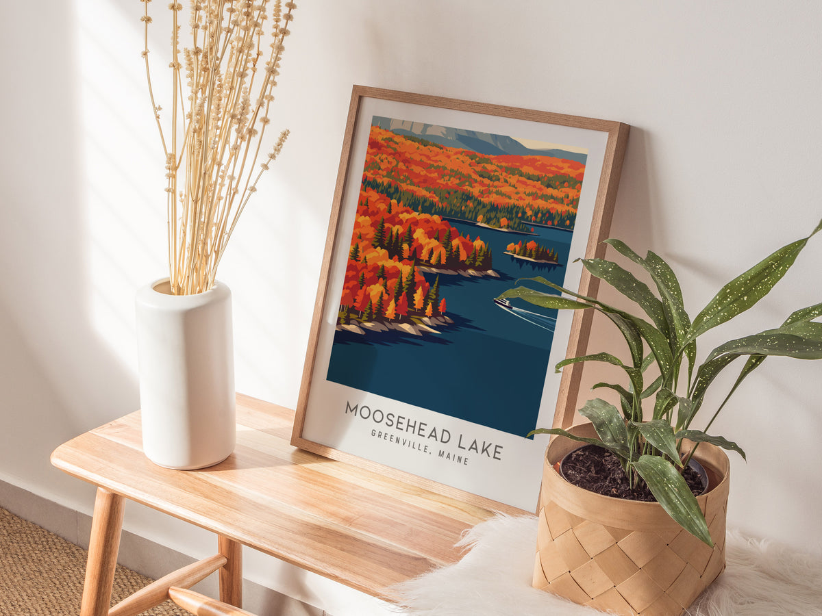 Moosehead Lake Matte Border Poster | Greenville, Maine Destination Print Travel Wall Art — styled in a modern interior