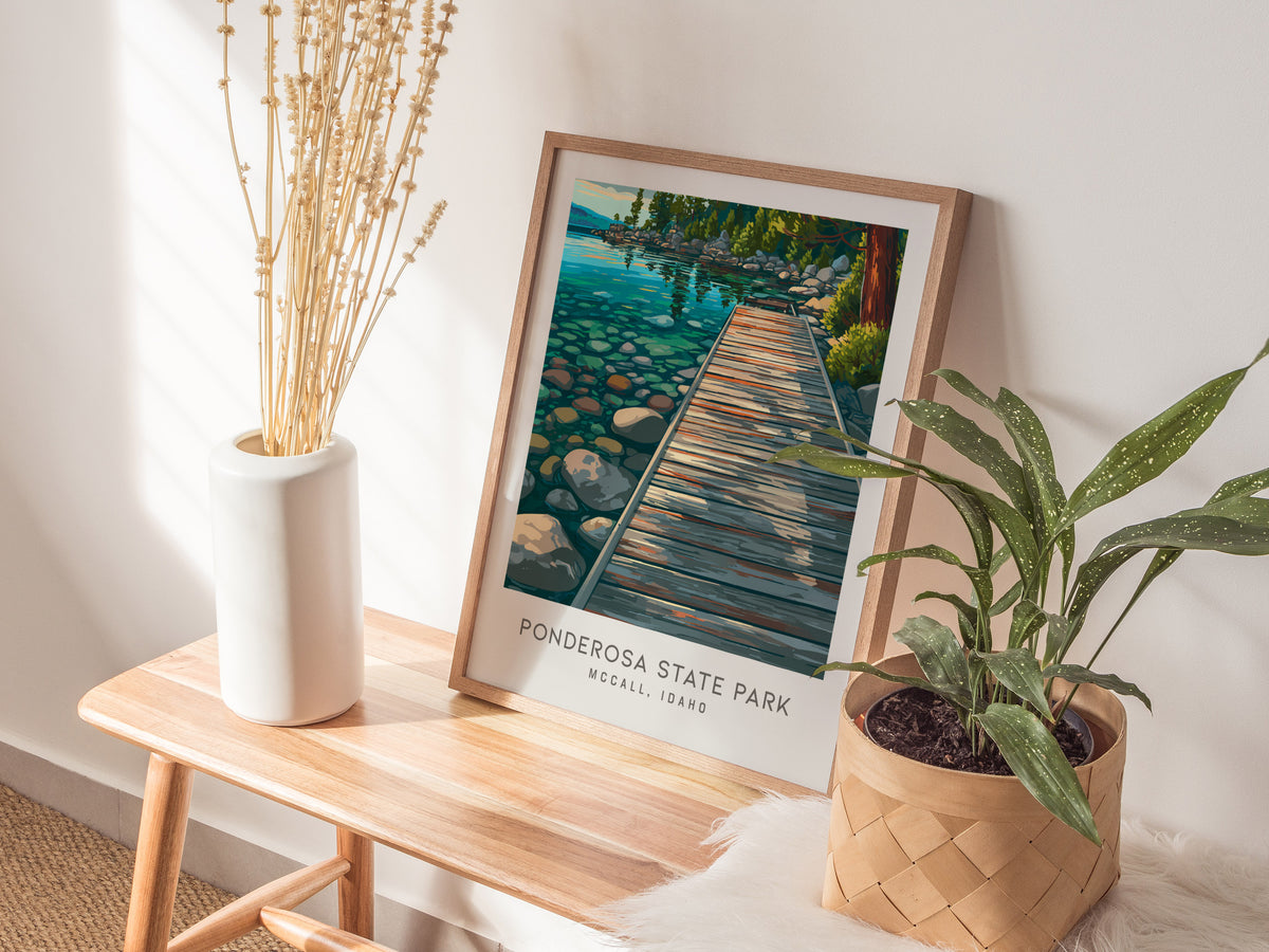 Ponderosa State Park Matte Border Poster | Mccall, Idaho Destination Print Travel Wall Art — styled in a modern interior