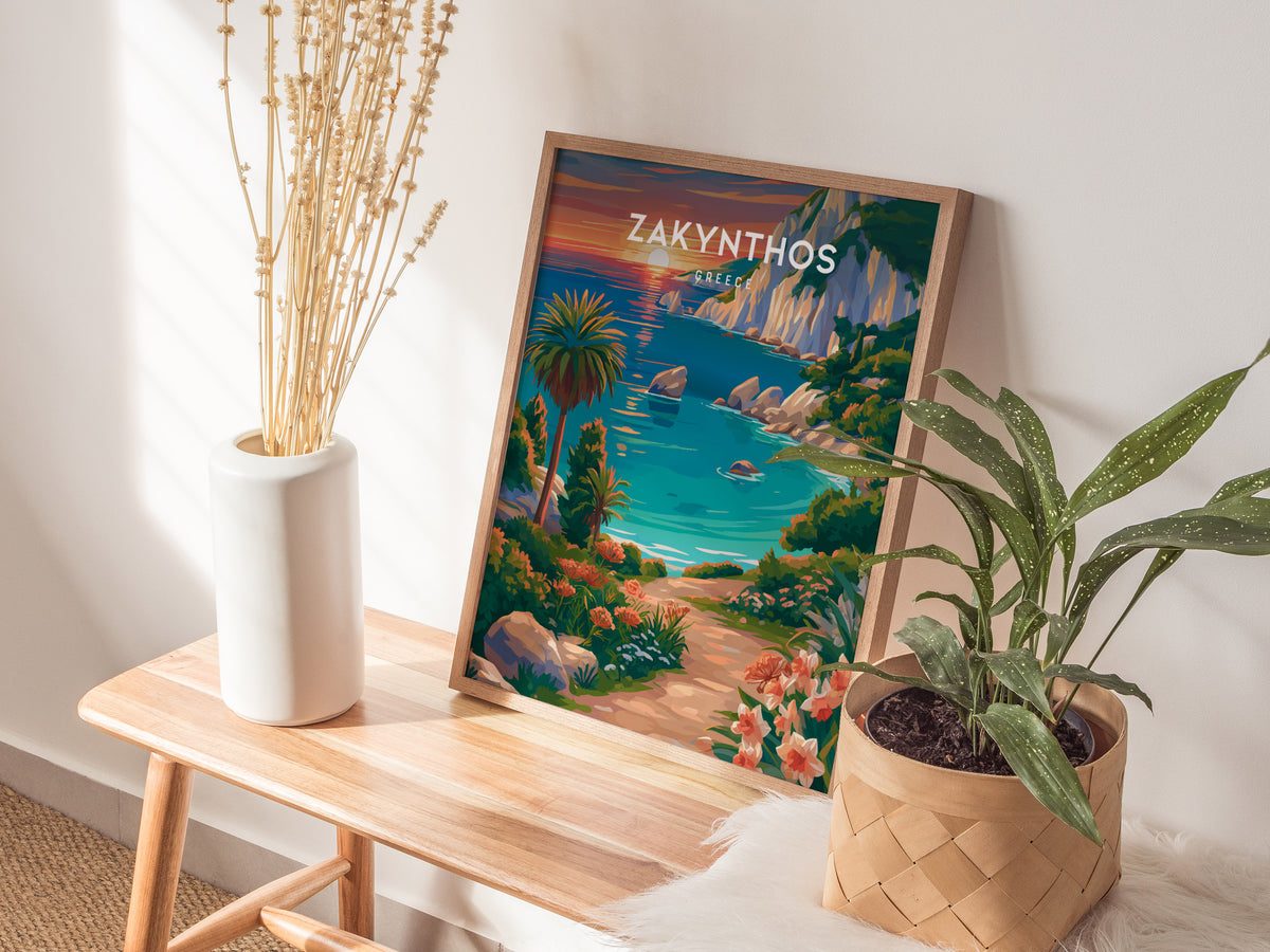 Zakynthos, Greece Poster | Turquoise Shipwreck Cove Destination Print Wall Art — styled in a modern interior