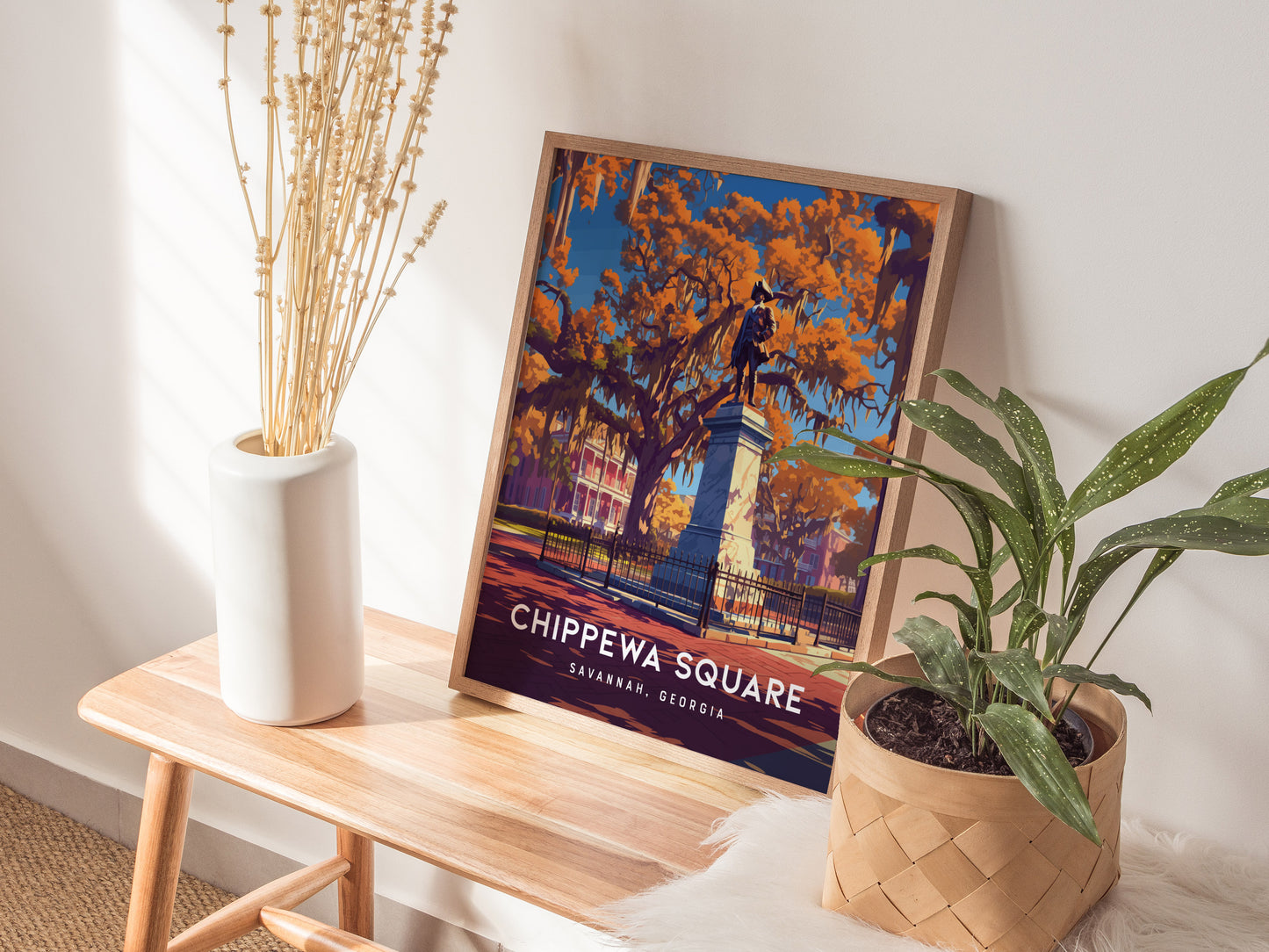 Chippewa Square, Savannah, Georgia Poster | Historic Southern Charm Destination Print Wall Art — styled in a modern interior