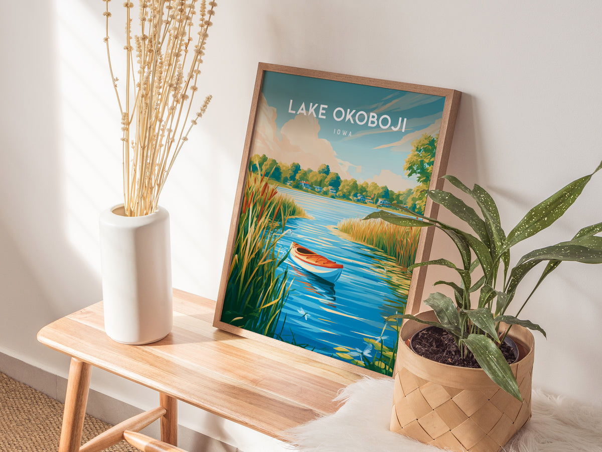 Lake Okoboji, Iowa Poster | Lakeside Sunset Destination Print Wall Art — styled in a modern interior
