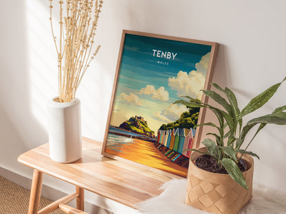 Tenby, Wales Poster | Pastel Harbour & Coastal Cliffs Wall Art — styled in a modern interior