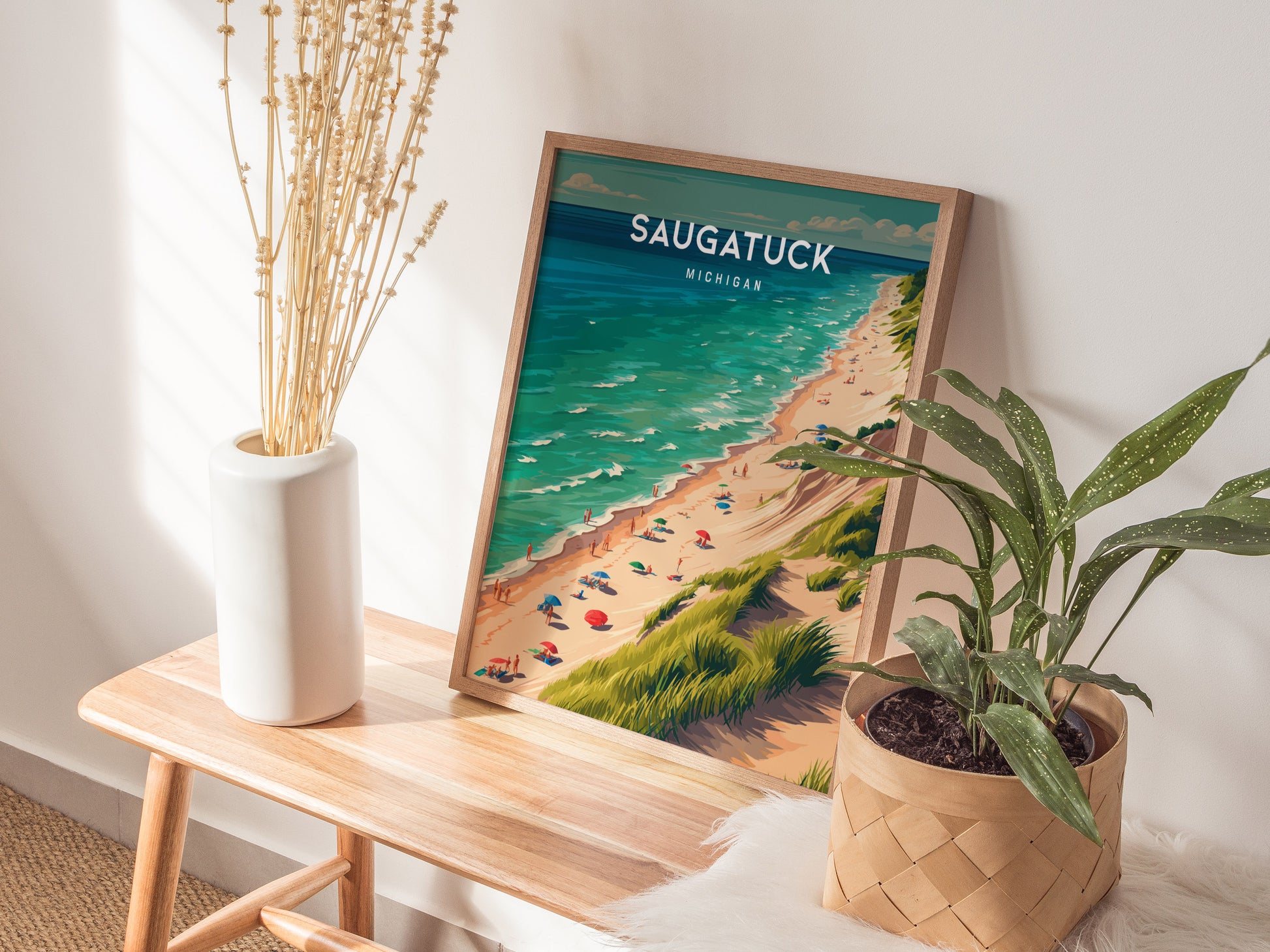 Saugatuck, Michigan Poster | Lakeside Dunes & Harbor Village Wall Art — styled in a modern interior