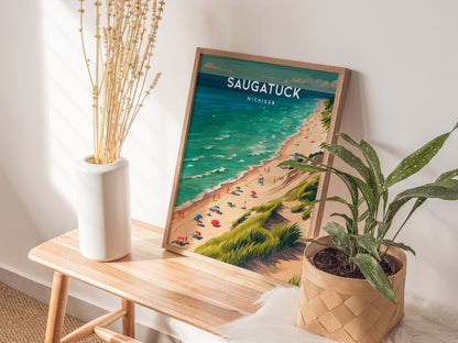 Saugatuck, Michigan Poster | Lakeside Dunes & Harbor Village Wall Art — styled in a modern interior