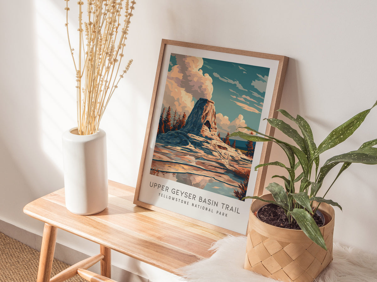 Upper Geyser Basin Trail Matte Border Poster | Yellowstone National Park Destination Print — styled in a modern interior