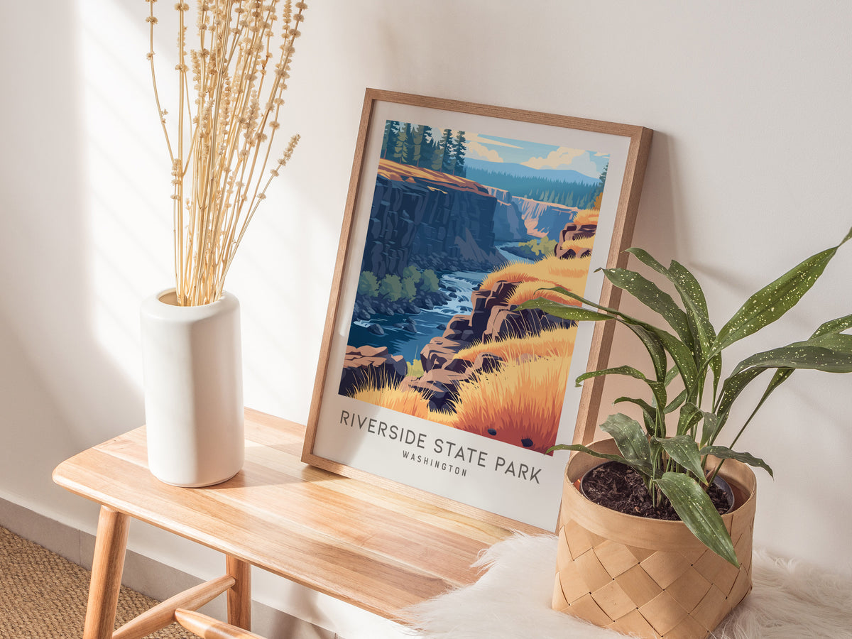Riverside State Park Matte Border Poster | Washington Travel Wall Art — styled in a modern interior