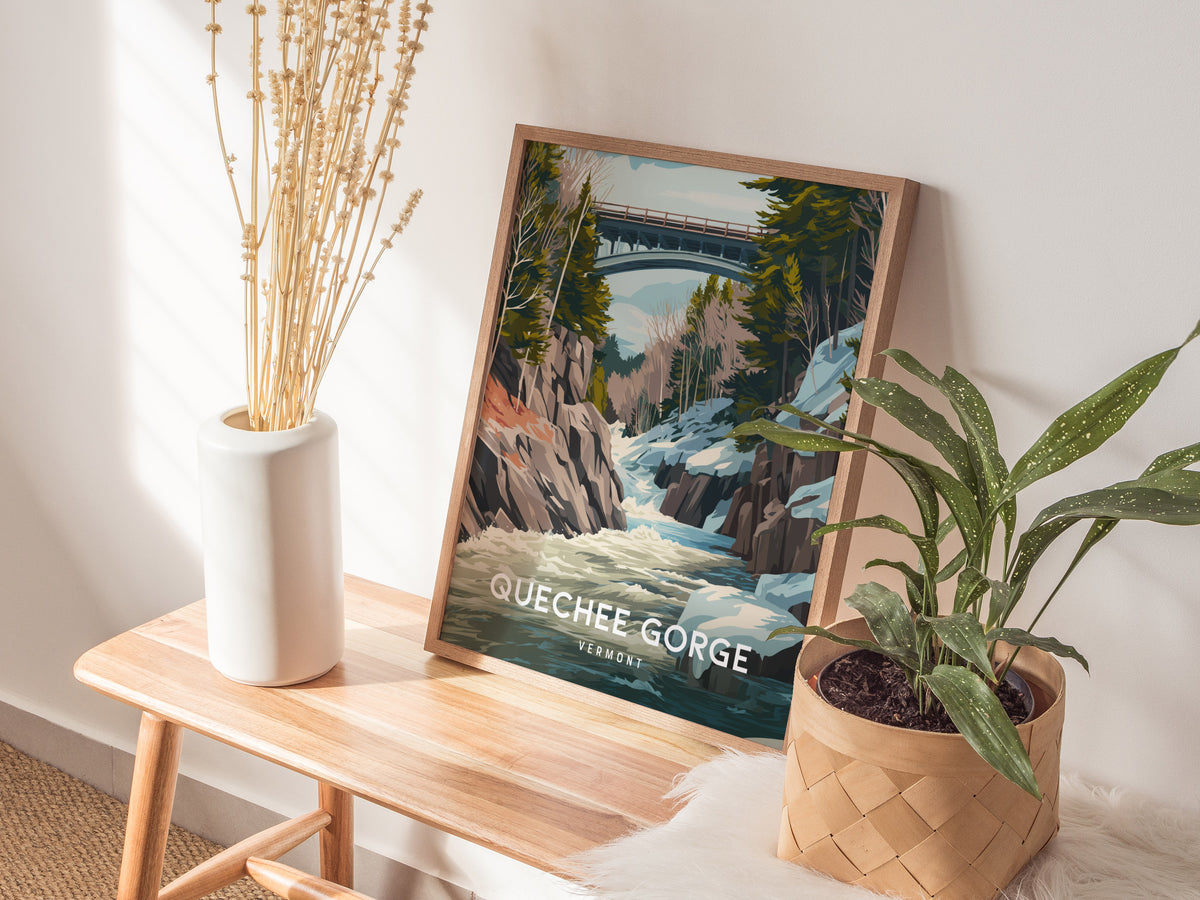 Quechee Gorge, Vermont Poster | Scenic Bridge & River Valley Wall Art — styled in a modern interior