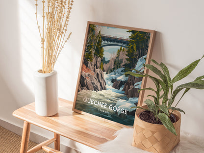 Quechee Gorge, Vermont Poster | Scenic Bridge & River Valley Wall Art — styled in a modern interior