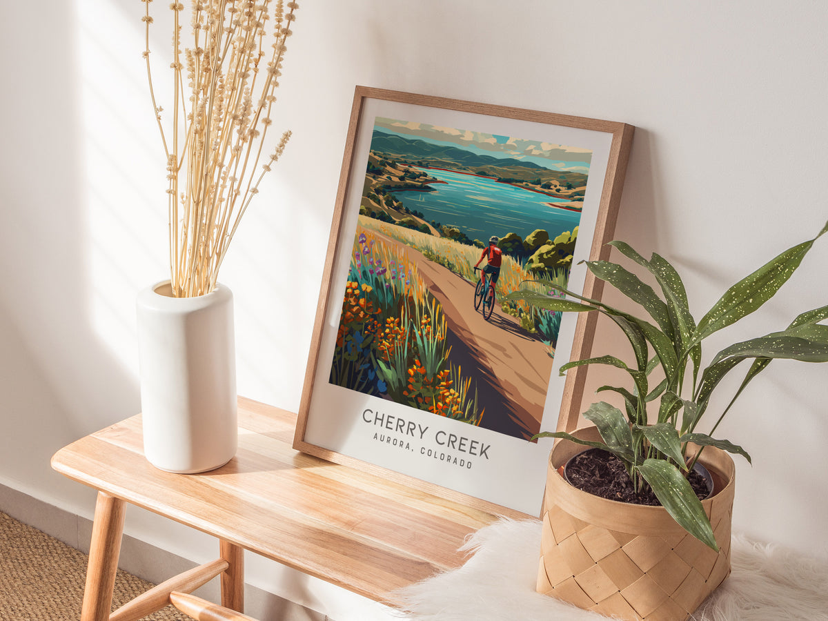 Cherry Creek Matte Border Poster | Aurora, Colorado Destination Print Travel Wall Art — styled in a modern interior