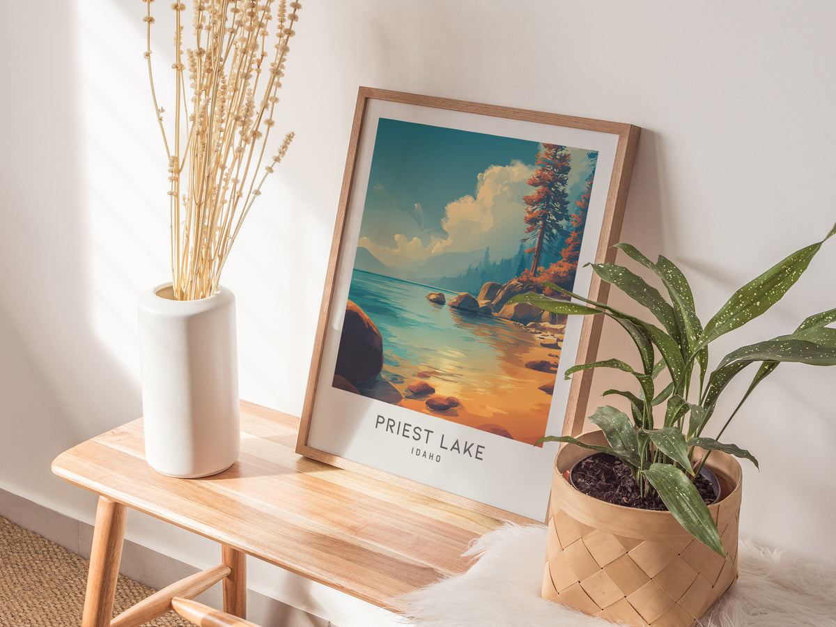 Priest Lake Matte Border Poster | Idaho Destination Print Travel Wall Art — styled in a modern interior
