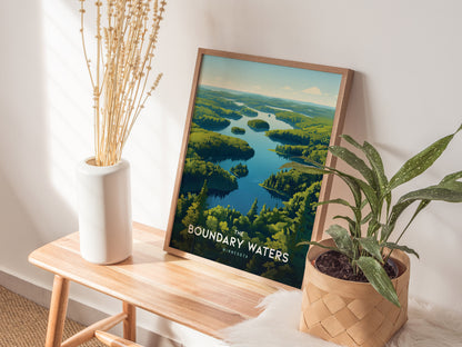 A framed poster of the Boundary Waters Wilderness in Minnesota rests on a wooden bench, accompanied by a white vase with dried flowers and a potted green plant.