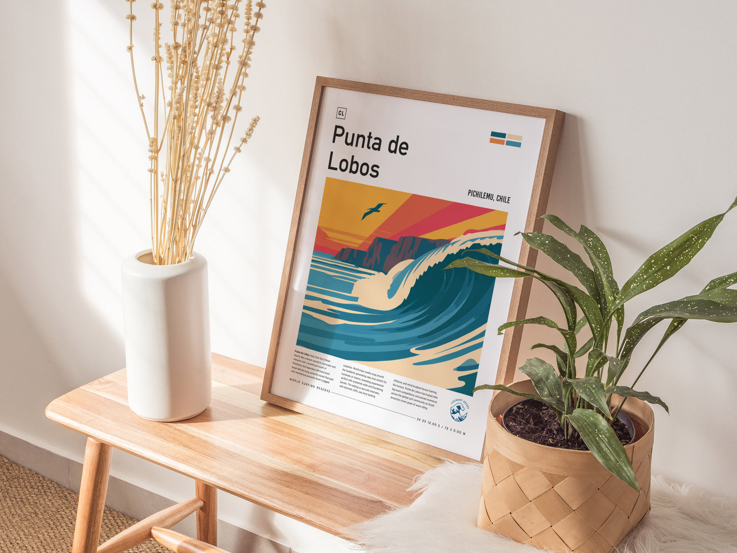 Punta de Lobos, Chile Poster | Dramatic Cliffs & Surf Wall Art — styled in a modern interior