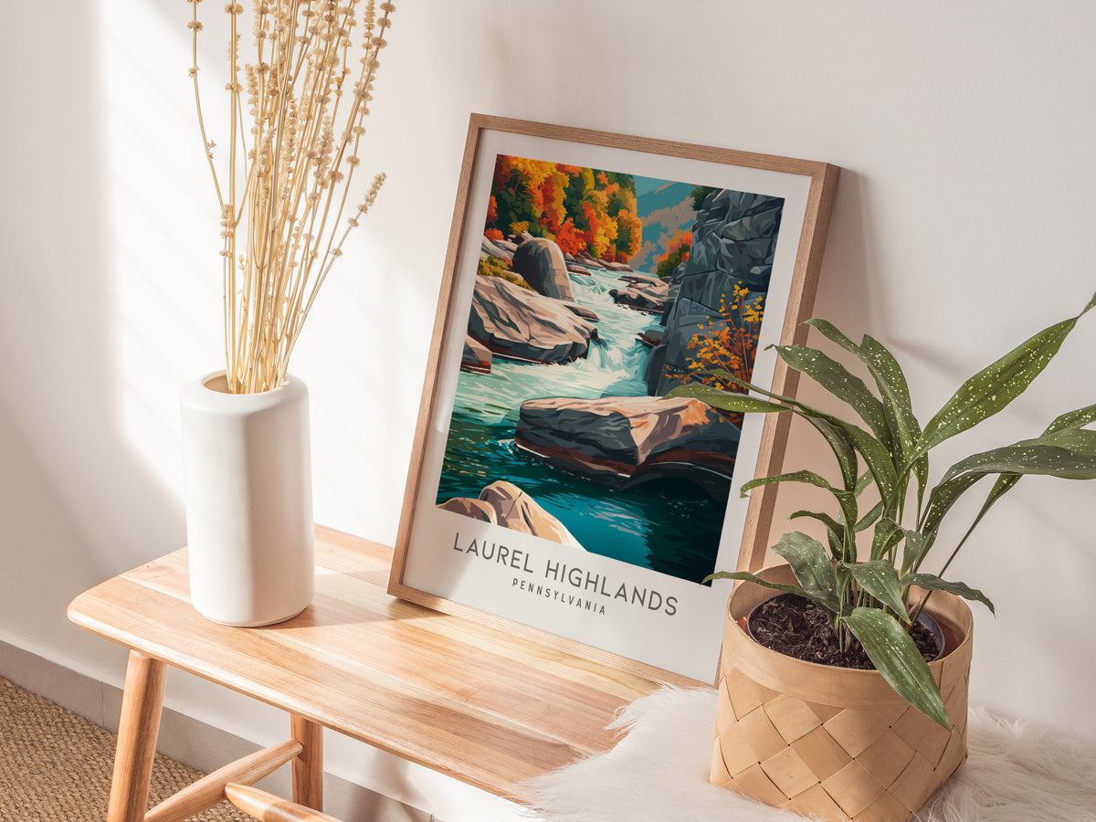 Laurel Highlands Matte Border Poster | Pennsylvania Destination Print Travel Wall Art — styled in a modern interior