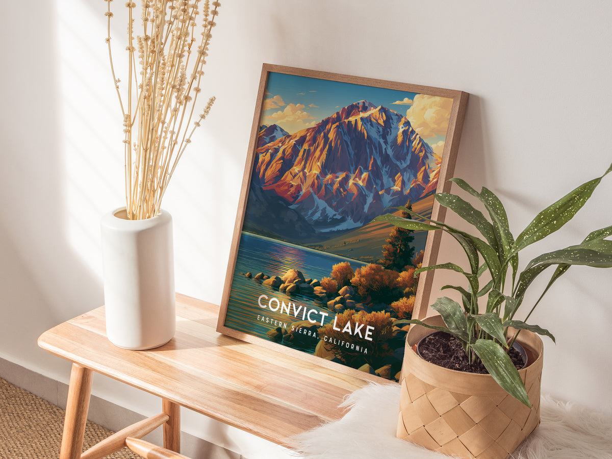 Convict Lake, Eastern Sierra, California Poster | Mountain Lake Travel Wall Art — styled in a modern interior