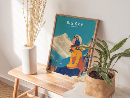 A framed Big Sky Montana ski poster featuring a woman in a helmet and orange jacket is displayed on a wooden bench, next to a potted plant and vase.