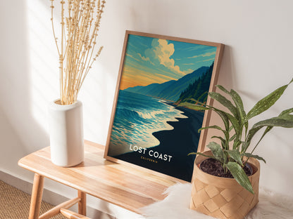 Vintage coastal art print showcasing the vibrant Lost Coast California, featuring lush cliffs, dark sandy beach, and tranquil waves.