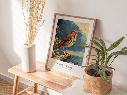 Wood Thrush Poster | Forest Songbird Nature Illustration Wall Art — styled in a modern interior