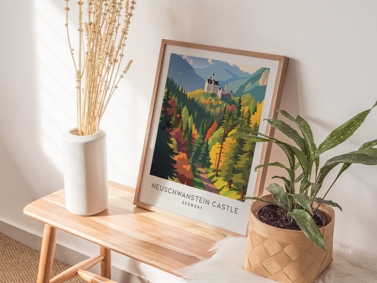 Neuschwanstein Castle Matte Border Poster | Germany Destination Print Travel Wall Art — styled in a modern interior
